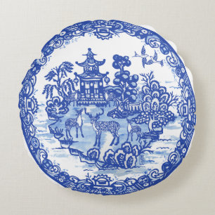 Blue Willow Deer Herd Antiek Pagoda Phoenix Rond Kussen