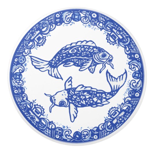 Blue Willow Design Floral Koi Fish Oriental Unique Keramische Knop (Voorkant)