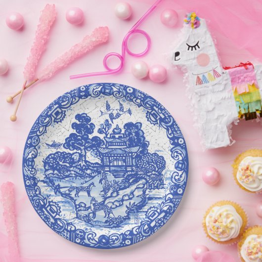 Blue Willow Fox Island Asian Temple Garden Crackle Papieren Bordje (Feest)