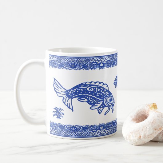 Blue Willow Koi Fish Pattern Unique Whimsical Koffiemok (Met donut)