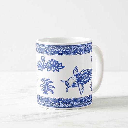 Blue Willow Koi Fish Pattern Unique Whimsical Koffiemok (Voorkant rechts)