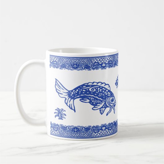 Blue Willow Koi Fish Pattern Unique Whimsical Koffiemok (Links)