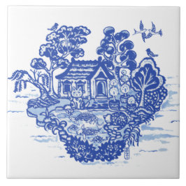 Blue Willow Lucky Cat Koi Pond Antiek Fantasy Tegeltje