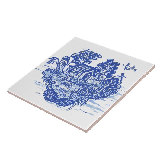 Blue Willow Lucky Cat Koi Pond Antiek Fantasy Tegeltje (Zijkant)