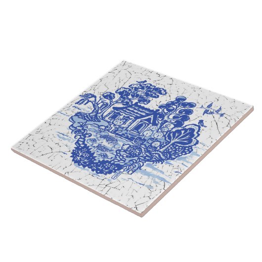 Blue Willow Lucky Cat Koi Pond Antiek Fantasy Tegeltje (Zijkant)