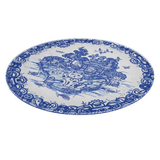 Blue Willow Lucky Cat Whimsical Chinoiserie Art Snijplank (Hoek)