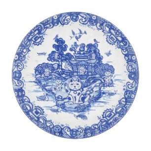 Blue Willow Lucky Cat Whimsical Chinoiserie Art Snijplank