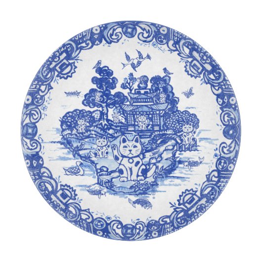 Blue Willow Lucky Cat Whimsical Chinoiserie Art Snijplank (Voorkant)