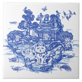 Blue Willow Lucky Cat Whimsical Chinoiserie Art Tegeltje