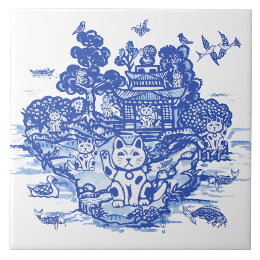 Blue Willow Lucky Cat Whimsical Chinoiserie Art Tegeltje (Voorkant)