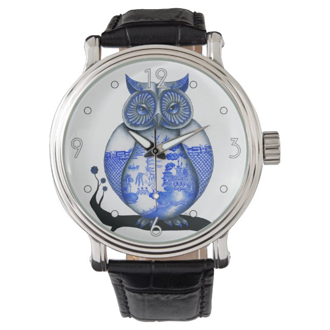 'Blue Willow Owl' horloge (Voorkant)