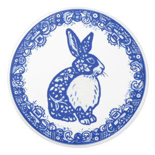 Blue Willow Pattern Rabbit Bunny Cute Fact rechts Keramische Knop