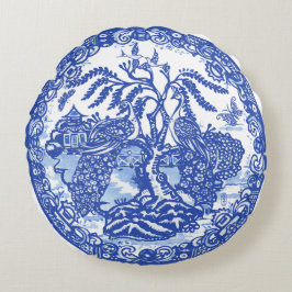 Blue Willow Peacock Island Asian Temple Garden Art Rond Kussen