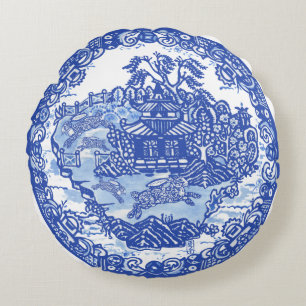 Blue Willow Rabbit Classic Asian  Art Rond Kussen
