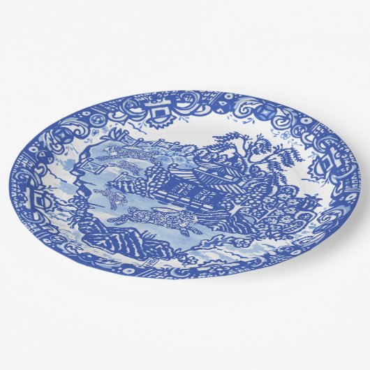 Blue Willow Rabbit Classic Aziatische kunst Papieren Bordje (Gekanteld)