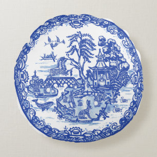 Blue Willow Rabbit Island Antiek Fantasy Art Rond Kussen