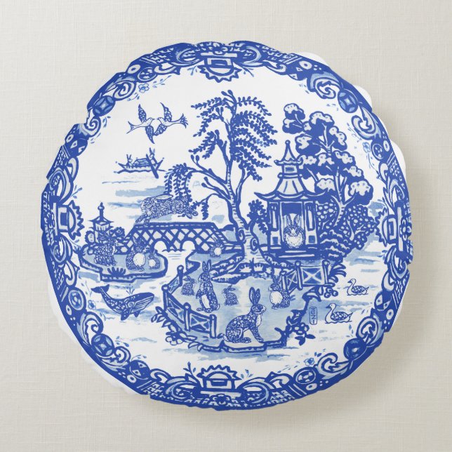 Blue Willow Rabbit Island Antiek Fantasy Art Rond Kussen (Voorkant)