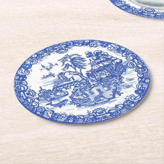 Blue Willow Rabbit Island Antiek Fantasy Art Ronde Kartonnen Onderzetter (Gebogen)