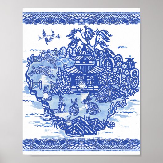 Blue Willow Rabbit Island Whimsical Oriental Art Poster (Voorkant)