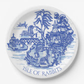 Blue Willow Rabbit Island Whimsical Pottery Kijk Papieren Bordje (Voorkant)