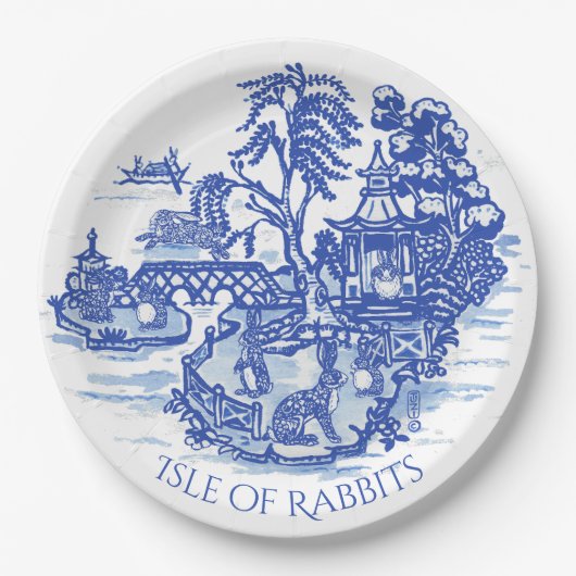 Blue Willow Rabbit Island Whimsical Pottery Kijk Papieren Bordje (Voorkant)