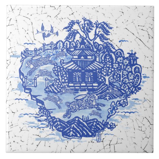 Blue Willow Rabbit Isle Willow Antiek Fantasy Art Tegeltje (Voorkant)
