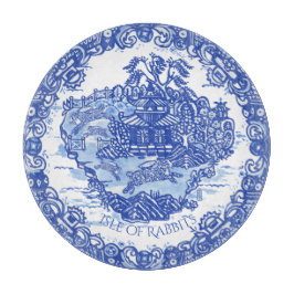 Blue Willow Rabbit White Whimsical Toile Cu Snijplank