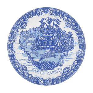 Blue Willow Rabbit White Whimsical Toile Cu Snijplank