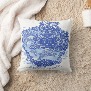 Blue Willow Rabbit White Whimsical Toile Kussen
