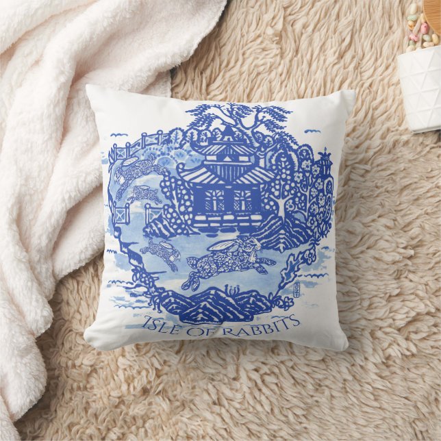 Blue Willow Rabbit White Whimsical Toile Kussen (Deken)