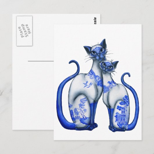 Blue Willow Siamese Cats Briefkaart (Voorkant / Achterkant)