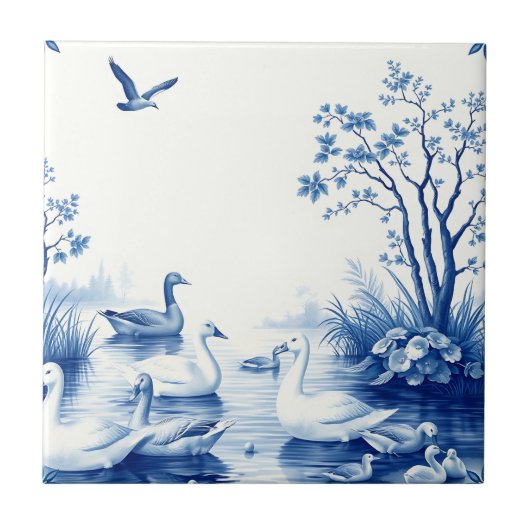 Blue Willow Swans Lake Scene Tegeltje (Voorkant)
