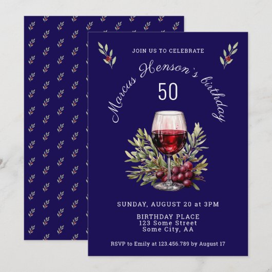 Blue Wine Glass Olive Waterverf 50ste verjaardag Kaart (Voorkant / Achterkant)