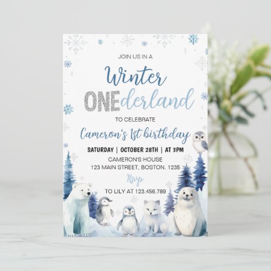 Blue Winter Animals Onederland 1e verjaardag Kaart (Staand voorkant)