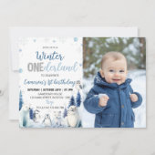 Blue Winter Animals Onederland 1st Birthday Foto Kaart (Voorkant)