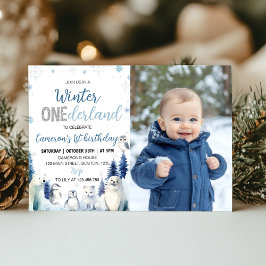 Blue Winter Animals Onederland 1st Birthday Foto Kaart