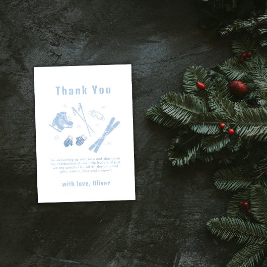 Blue Winter Après Bébé Ski Boy Baby Shower  Bedankkaart