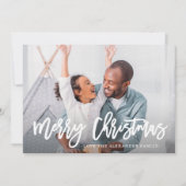 Blue Winter Botanical Merry Christmas Script Foto Feestdagenkaart (Voorkant)