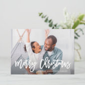 Blue Winter Botanical Merry Christmas Script Foto Feestdagenkaart (Staand voorkant)