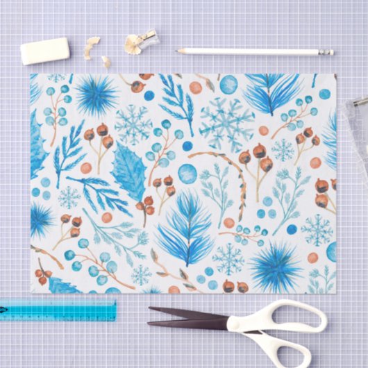 Blue Winter Botanical Pattern in Watercolor Tissuepapier (Craft)