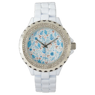 Blue Winter Botanical Pattern in Waterverf Horloge