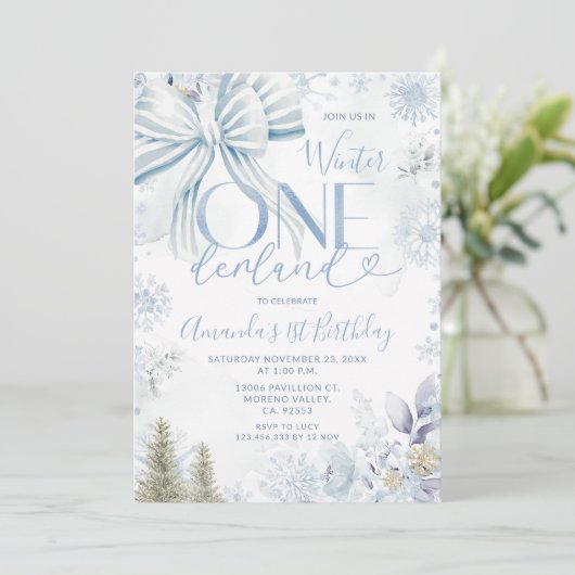 Blue Winter Bow Onederland Snowflake 1st Birthday Kaart (Staand voorkant)