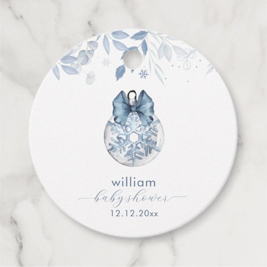 Blue Winter Bow Snowflake Ornament Baby Shower  Bedankjes Labels (Voorkant)