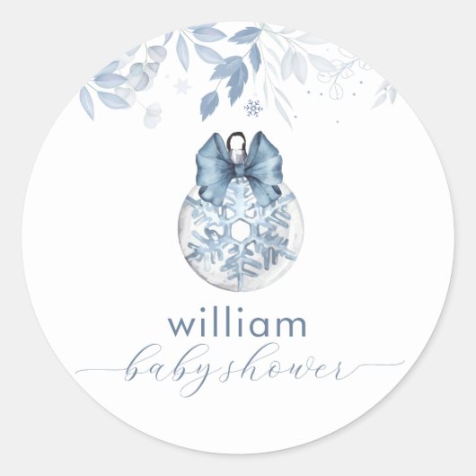 Blue Winter Bow Snowflake Ornament Baby Shower  Ronde Sticker (Voorkant)