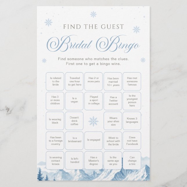 Blue Winter Bridal Shower Bingo Game (Voorkant)