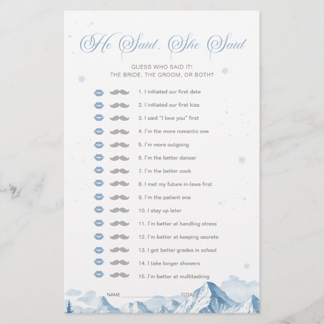 Blue Winter Bridal Shower He Said She Said Game (Voorkant)