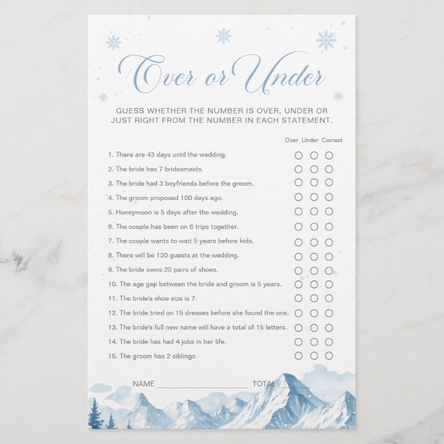 Blue Winter Bridal Shower Over or Under Game (Voorkant)