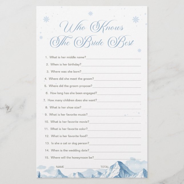 Blue Winter Bridal Shower Who Knows the Bride Best (Voorkant)