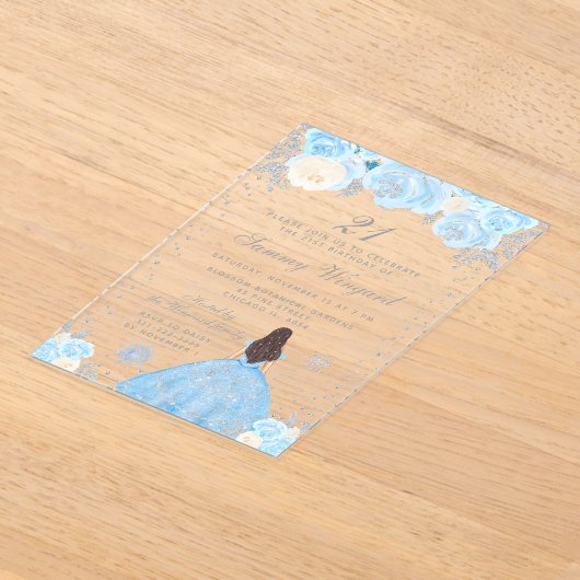 Blue Winter Brunette Hair Princess Verjaardagsfees Acryl Uitnodigingen (Laagn)