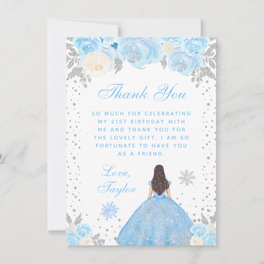 Blue Winter Brunette Hair Princess Verjaardagsfees Bedankkaart (Voorkant)